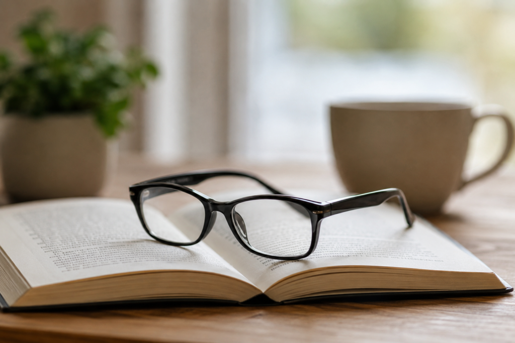 A pair of reading glasses resting on an open book in a calm indoor setting, symbolizing the emotional acceptance of presbyopia and the message behind the blog “Reading Glasses Are Not Defeat.