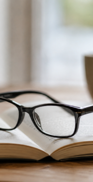 A pair of reading glasses resting on an open book in a calm indoor setting, symbolizing the emotional acceptance of presbyopia and the message behind the blog “Reading Glasses Are Not Defeat.
