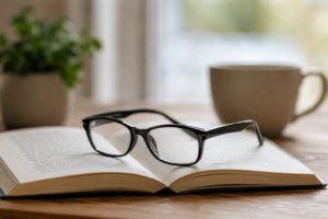 A pair of reading glasses resting on an open book in a calm indoor setting, symbolizing the emotional acceptance of presbyopia and the message behind the blog “Reading Glasses Are Not Defeat.