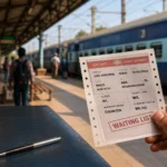 Passenger holding a railway ticket at an Indian railway station platform, illustrating Indian Railways waiting-list tickets, train travel, and reservation booking rules.
