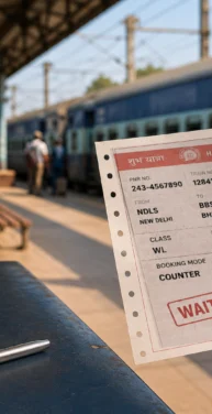 Passenger holding a railway ticket at an Indian railway station platform, illustrating Indian Railways waiting-list tickets, train travel, and reservation booking rules.