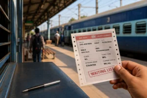 Passenger holding a railway ticket at an Indian railway station platform, illustrating Indian Railways waiting-list tickets, train travel, and reservation booking rules.